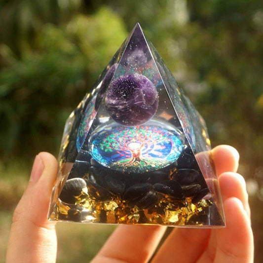 Orgonite Pyramid 60mm Amethyst Crystal Sphere With Obsidian Natural Cristal Stone - zenfulharmony.com