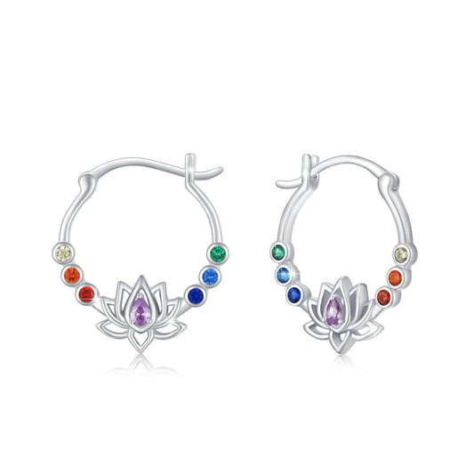 Rainbow Chakra Earrings Sterling Silver Lotus Flower Earrings Rainbow Hoop Earrings Colorful Earrings Chakra Jewlery for Women Christmas Jewelry Gifts - zenfulharmony.com