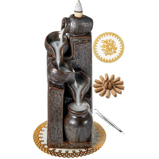 LAMDAWN Unique Cascading Basins Ceramic Waterfall Incense Holder, Paired with a Pack of Backflow Incense Cones. (Metallic) - zenfulharmony.com