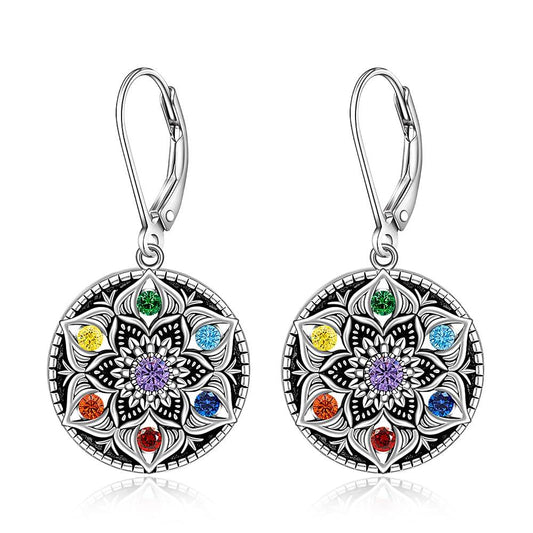 Mandala Chakra Earrings for Women Sterling Silver Yoga Lotus Flower Dangle Drop Earrings Flower of Life Protection 7 Chakras Jewelry Gifts - zenfulharmony.com