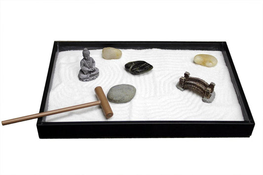 Nature's Mark Mini Zen Garden Kit for Desk with Rake, White Sand, Buddha Figures, Bridge Figure and River Rocks, Black Rectangle Base - zenfulharmony.com