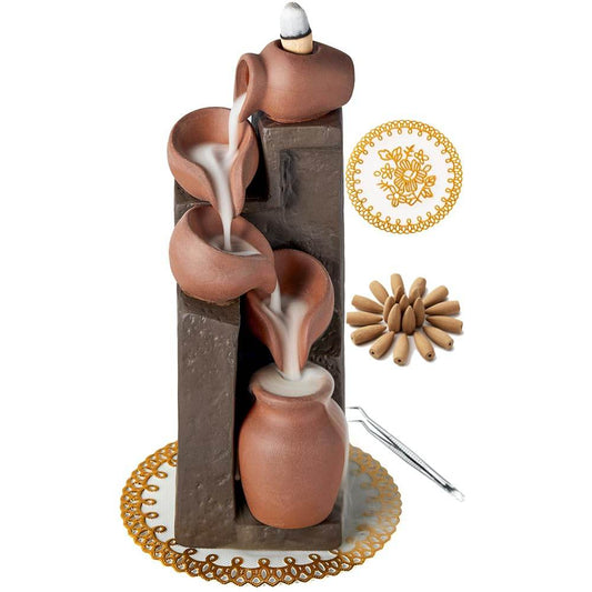 LAMDAWN Unique Cascading Basins Ceramic Waterfall Incense Holder, Paired with a Pack of Backflow Incense Cones. (Primary) - zenfulharmony.com
