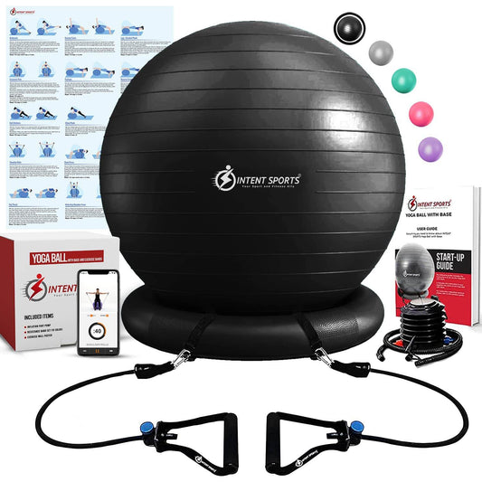 INTENT SPORTS Yoga Ball Chair – Stability Ball with Inflatable Stability Base & Resistance Bands, Fitness Ball for Home Gym, Office, Improves Back Pain, Core, Posture & Balance (65 cm)(Black) - zenfulharmony.com