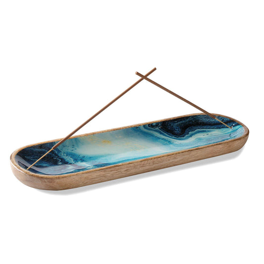 Folkulture Incense Holder for Sticks or Incense Burner | Insence-Stick Holder for Men or Her, Modern Ash Catcher or Insense for Table Décorations, Wooden Incense Tray for Sticks, Mango Wood -Blue - zenfulharmony.com