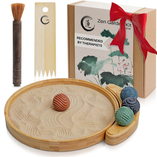 Japanese Zen Garden Kit for Desk - Premium Sand Garden - Mini Zen Décor Office Desktop Accessories - Bamboo Crafted Meditation Therapy Tray - Gift Set - 4 Stamp Spheres Natural Rake Custom Holder - zenfulharmony.com