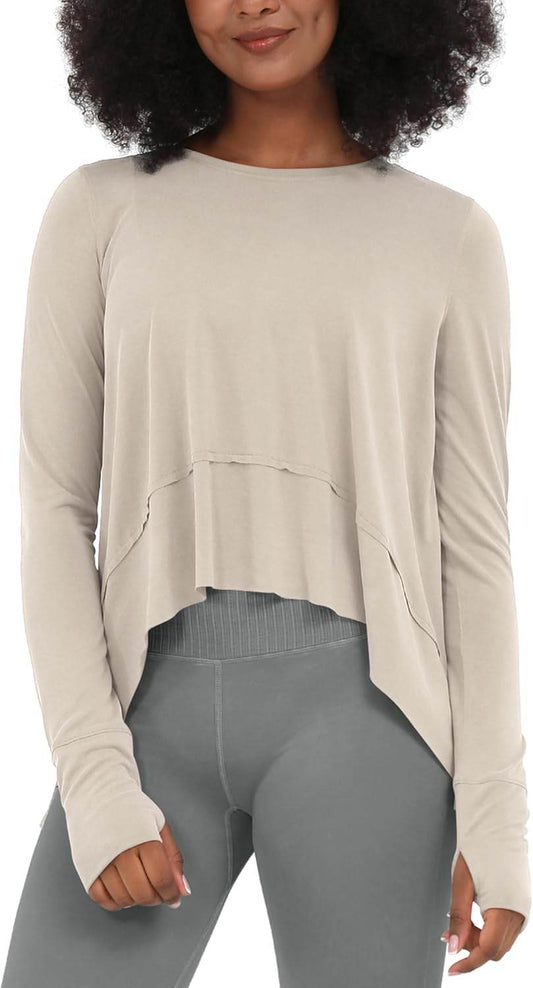 ODODOS Long Sleeve Tee for Women with Thumb Hole Athletic Gym Workout Crop Tops Yoga Shirts - zenfulharmony.com