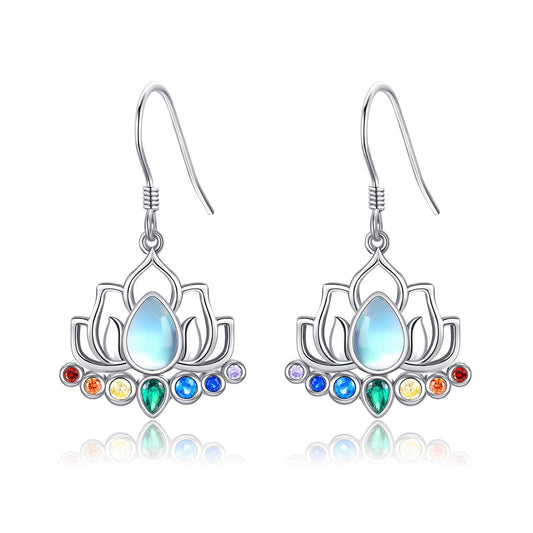 ONEFINITY Chakra Lotus Earrings 925 Sterling Silver Chakra Lotus Dangle Drop Earrings Moonstone Yoga Jewelry for Women - zenfulharmony.com
