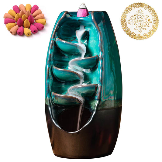 INONE Ceramic Incense Burner with 120 Cones, Waterfall Backflow Incense Holder, Aromatherapy Ornament, Zen Decor, Home Decor, Room Decor (Cyan) - zenfulharmony.com