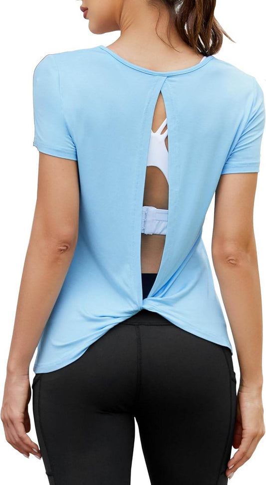 Mippo Open Back Workout Tops for Women Soft Short Sleeve Athletic Yoga Gym T Shirts - zenfulharmony.com
