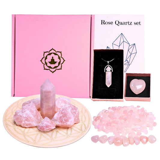 Genuine Rose Quartz Healing Crystal Set - Includes Pillar, Tumbled and Raw Stones, Necklace, Heart, Chips - Ideal for Meditation, Chakra Balancing, Reiki and Home Decor - zenfulharmony.com