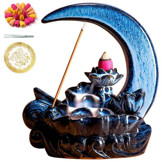 GARMOLY Moon Incense Burner with 60 Incense Cones + 30 Incense Stick, Ceramic Waterfall Incense Burner, Backflow Incense Holder for Aromatherapy Ornament Home Decor (Blue) - zenfulharmony.com