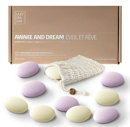 Lazy Spa Day - Energize with Awake: Lavender, Chamomile, Jasmine. Relax with Dream: Lemon, Eucalyptus, Grapefruit. 10-Piece Shower Steamer and Shower Bombs Aromatherapy Gift Set with Burlap Bag - zenfulharmony.com