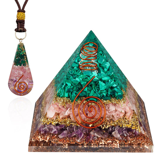 Orgone Crystal Pyramid and Pendant Gifts for Women, Rose Quartz and Amethyst Healing Stone Orgonite Pyramid for Positivity, Good Luck, Meditation, Chakra Balance, Handmade Home & Office Decor - zenfulharmony.com