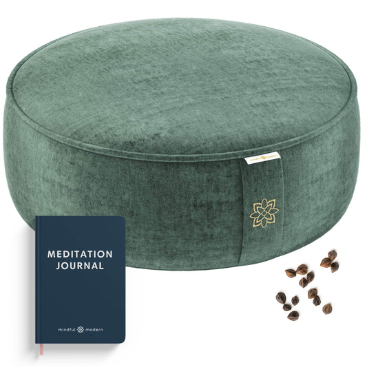Mindful & Modern Velvet Meditation Cushion | Luxe Zafu Yoga Floor Pillow Seat | Posture Support | Buckwheat Hull Filled | Large Round Cushion with Removable Washable Cover + Carry Handle | Color Green - zenfulharmony.com