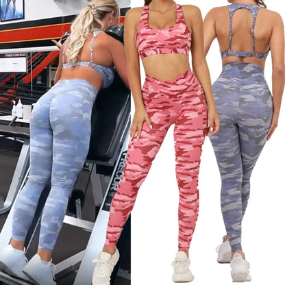 QK 2025 Camo Sports Bra Squat Proof Scrunch High V Waist Leggings Yoga Sets Fitness Workout Gym Pant Women Running Active Suit