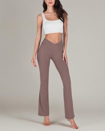 ODODOS Women's Cross Waist Bootcut Yoga Pants with Hidden Pocket, Non See Through Bootleg Athlete Workout Pants -Inseam 31", Purple Taupe, X-Large - zenfulharmony.com