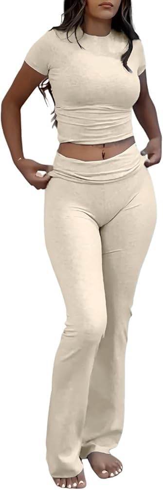 ZFLM Casual Workout Two Piece Outfits for Women Short Sleeve Crop High Waist Foldover Flare Pants Tracksuit Sets Streetwear - zenfulharmony.com
