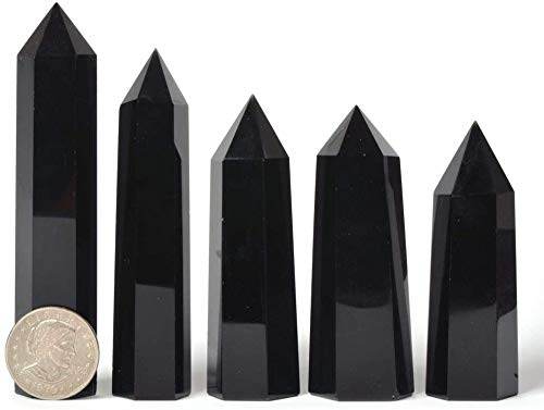 Angelstones Natural Black Obsidian Gemstone Healing Crystal Hexagonal Pointed Reiki Chakra Faceted Prism Wand Carved Stone Figurine Home Decor - zenfulharmony.com