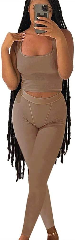AYWA Casual Workout Sets Two Piece Outfits for Women Ribbed Crop Tank Top High Waist Leggings Active Wear - zenfulharmony.com