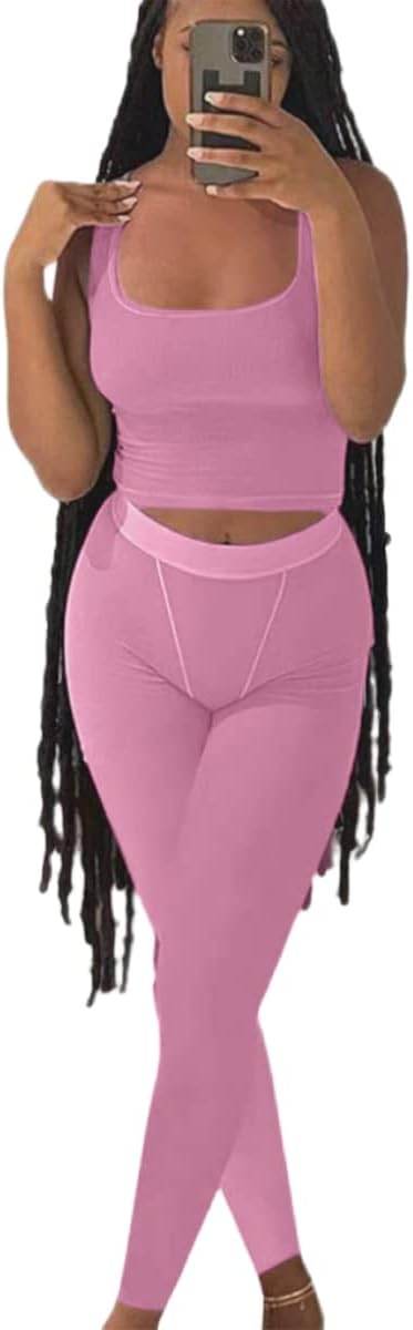 AYWA Casual Workout Sets Two Piece Outfits for Women Ribbed Crop Tank Top High Waist Leggings Active Wear - zenfulharmony.com