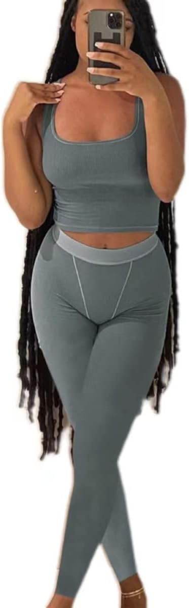 AYWA Casual Workout Sets Two Piece Outfits for Women Ribbed Crop Tank Top High Waist Leggings Active Wear - zenfulharmony.com