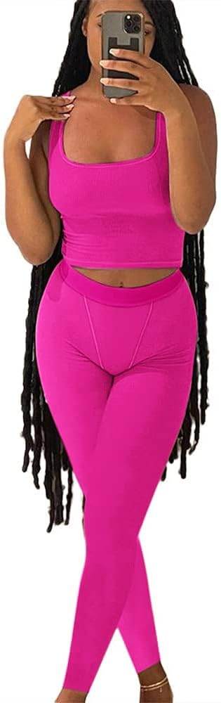 AYWA Casual Workout Sets Two Piece Outfits for Women Ribbed Crop Tank Top High Waist Leggings Active Wear - zenfulharmony.com