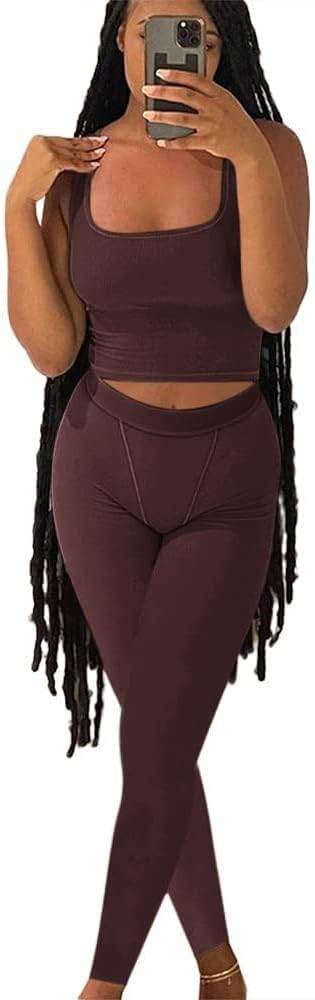 AYWA Casual Workout Sets Two Piece Outfits for Women Ribbed Crop Tank Top High Waist Leggings Active Wear - zenfulharmony.com