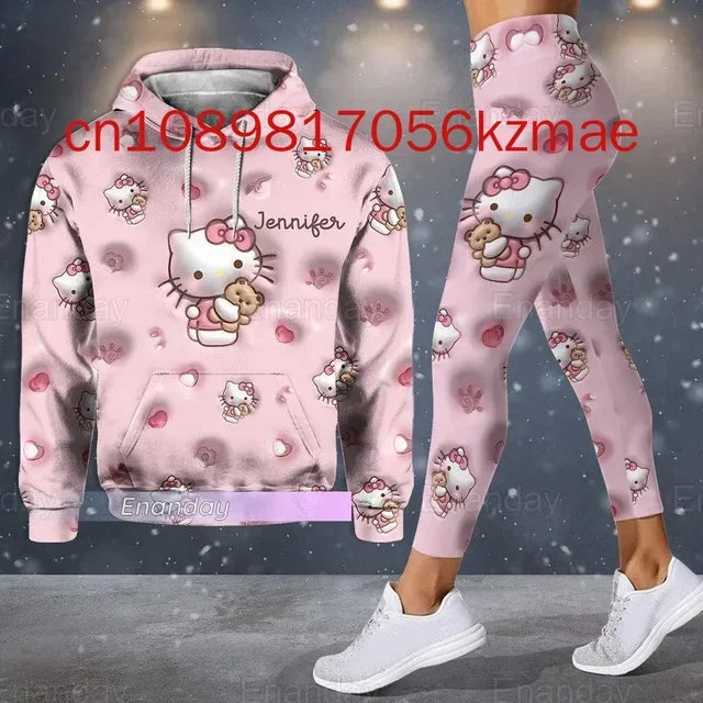 Kitty 3D Women's Hoodie and Leggings Suit Cute Hello Kitty Yoga Pants Sweatpants Fashion Sports Suit Set
