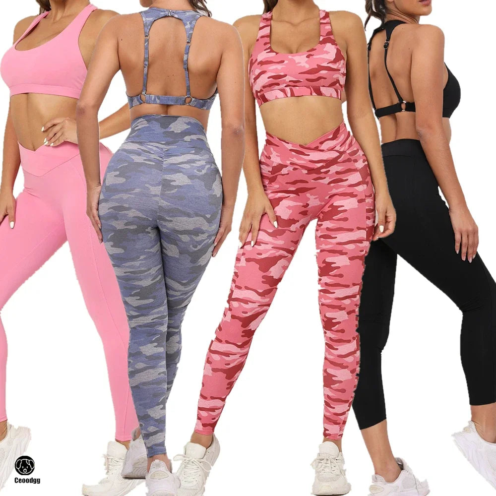 QK 2025 Camo Sports Bra Squat Proof Scrunch High V Waist Leggings Yoga Sets Fitness Workout Gym Pant Women Running Active Suit