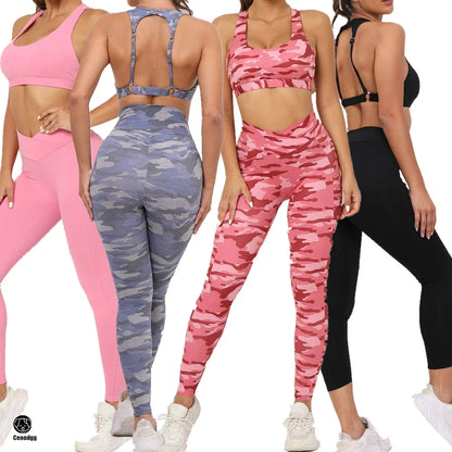 QK 2025 Camo Sports Bra Squat Proof Scrunch High V Waist Leggings Yoga Sets Fitness Workout Gym Pant Women Running Active Suit