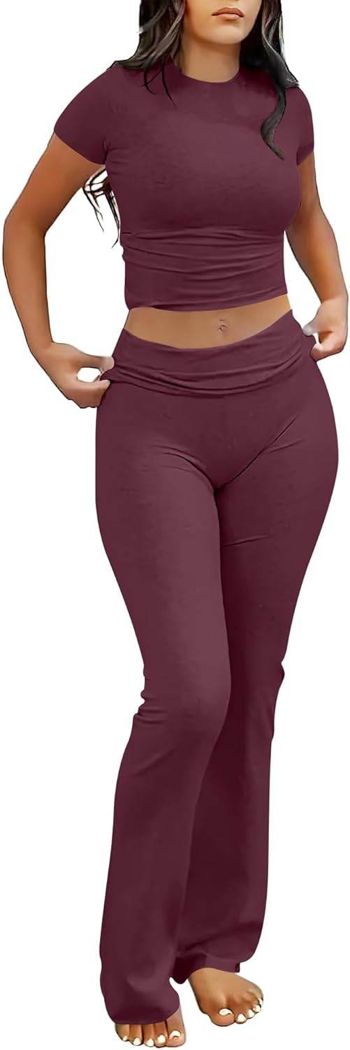 ANRABESS Lounge Sets for Women 2 piece Foldover Yoga Flare Leggings Pants Crop Tops Casual Y2K Outfits Matching Tracksuit Set - zenfulharmony.com