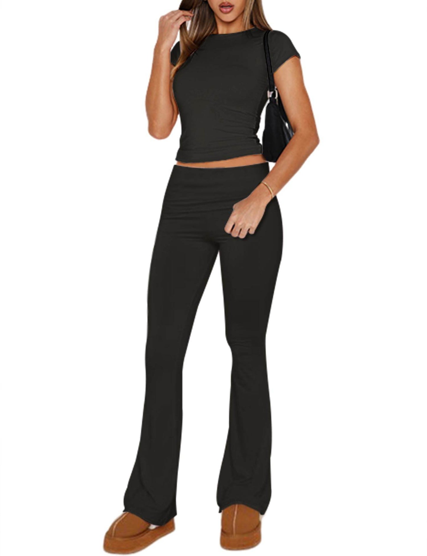 Ivicoer Women's Two Piece Outfit Basic Short Sleeve Crop Top and Low Rise Flare Pants Set High Waisted Pants Lounge 2 Piece Yoga Tracksuit Women Outfits Black M - zenfulharmony.com