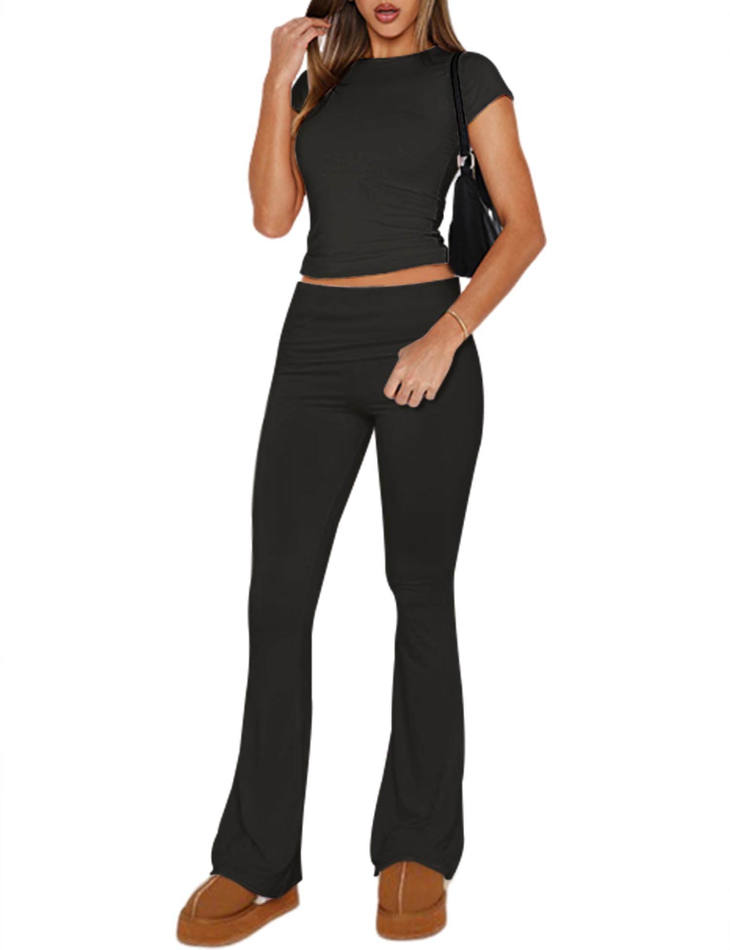 Ivicoer Women's Two Piece Outfit Basic Short Sleeve Crop Top and Low Rise Flare Pants Set High Waisted Pants Lounge 2 Piece Yoga Tracksuit Women Outfits Black M - zenfulharmony.com