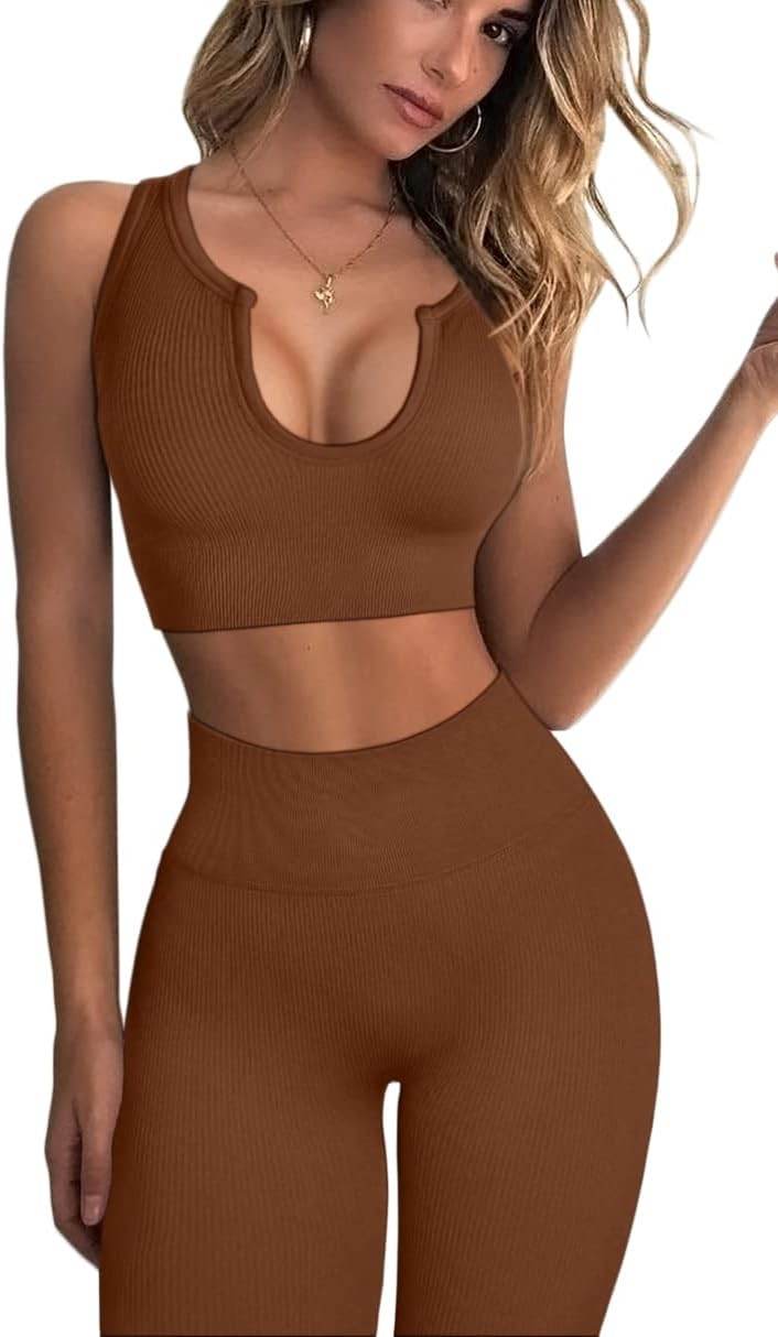 QINSEN Workout Outfits for Women 2 Piece Ribbed Seamless Crop Tank High Waist Yoga Leggings Sets - zenfulharmony.com