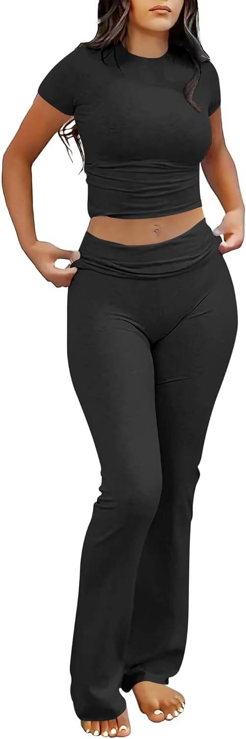 ANRABESS Lounge Sets for Women 2 piece Foldover Yoga Flare Leggings Pants Crop Tops Casual Y2K Outfits Matching Tracksuit Set - zenfulharmony.com