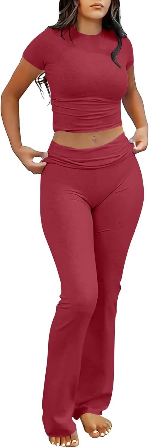ANRABESS Lounge Sets for Women 2 piece Foldover Yoga Flare Leggings Pants Crop Tops Casual Y2K Outfits Matching Tracksuit Set - zenfulharmony.com