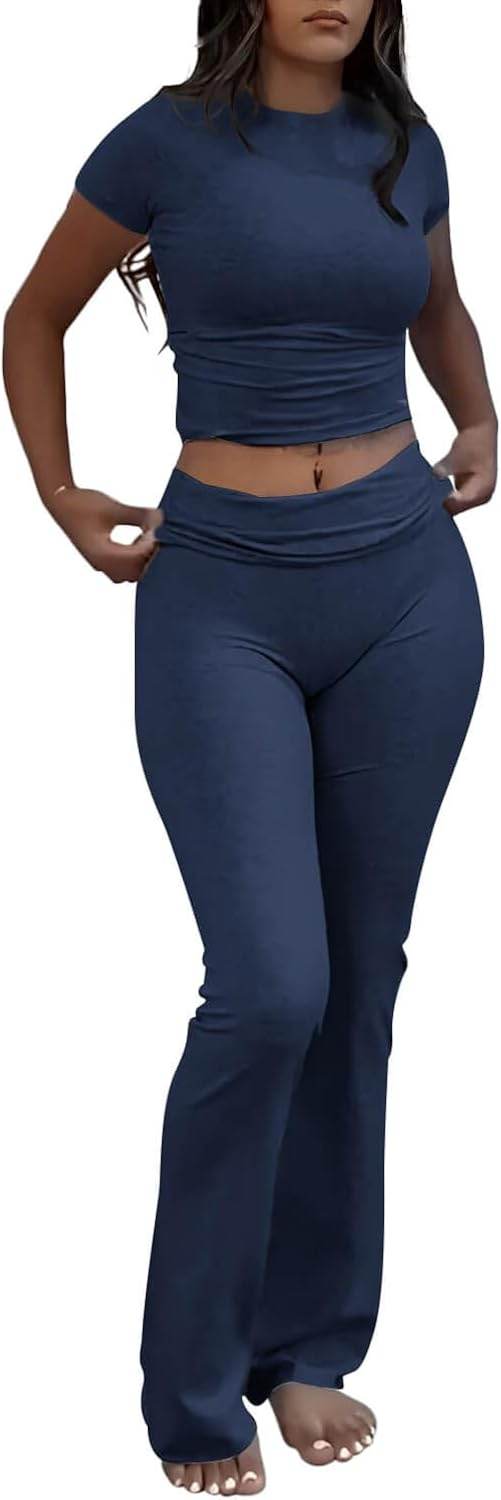 ZFLM Casual Workout Two Piece Outfits for Women Short Sleeve Crop High Waist Foldover Flare Pants Tracksuit Sets Streetwear - zenfulharmony.com