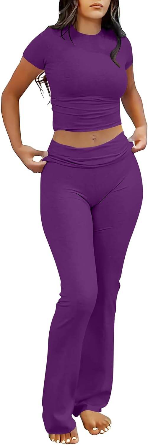 ANRABESS Lounge Sets for Women 2 piece Foldover Yoga Flare Leggings Pants Crop Tops Casual Y2K Outfits Matching Tracksuit Set - zenfulharmony.com