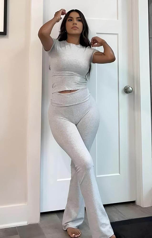 ZFLM Casual Workout Two Piece Outfits for Women Short Sleeve Crop High Waist Foldover Flare Pants Tracksuit Sets Streetwear - zenfulharmony.com