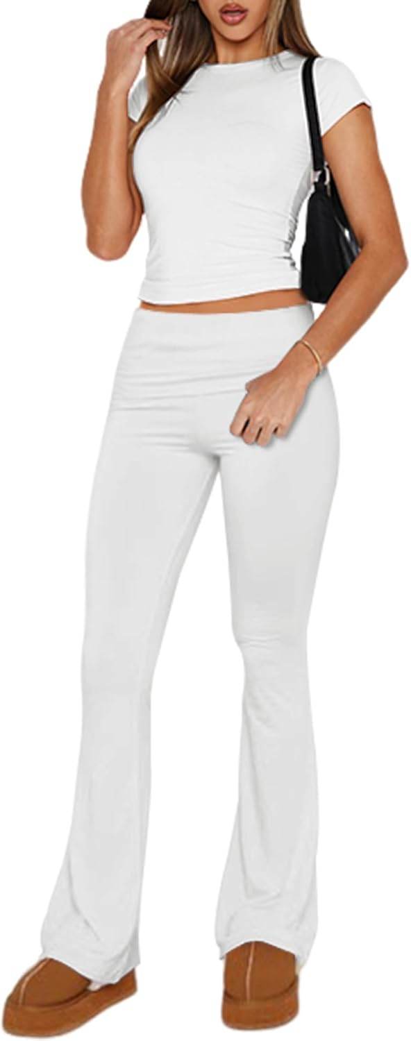 Ivicoer Stylish Women's 2 Piece Outfits Soft Short Sleeve Crop Tops and Fold over Yoga Pants Y2k Sets Two Piece Lounge Sets - zenfulharmony.com