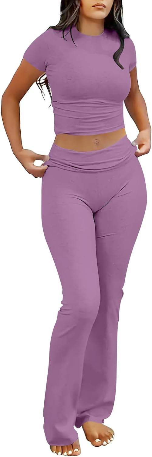 ANRABESS Lounge Sets for Women 2 piece Foldover Yoga Flare Leggings Pants Crop Tops Casual Y2K Outfits Matching Tracksuit Set - zenfulharmony.com