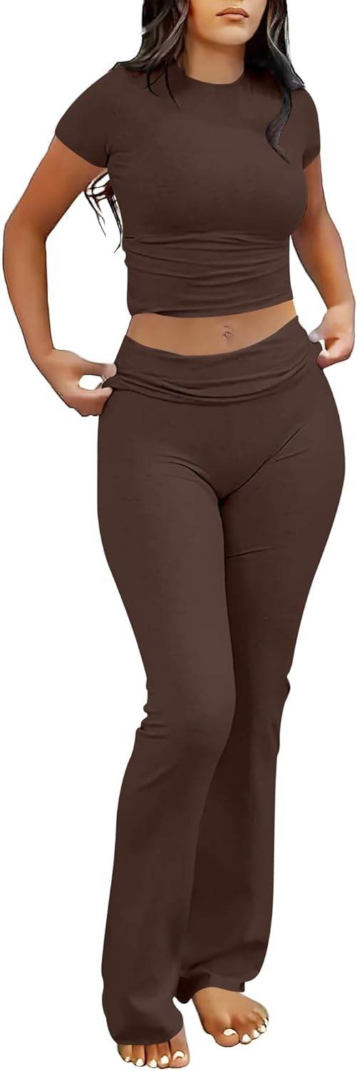 ANRABESS Lounge Sets for Women 2 piece Foldover Yoga Flare Leggings Pants Crop Tops Casual Y2K Outfits Matching Tracksuit Set - zenfulharmony.com