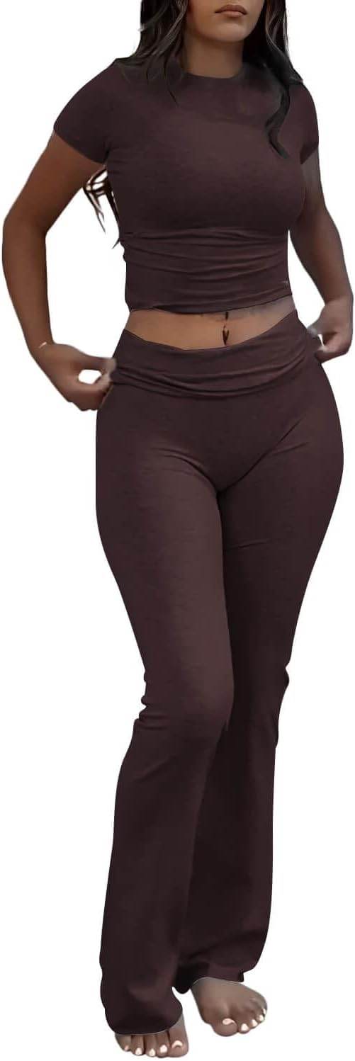 ZFLM Casual Workout Two Piece Outfits for Women Short Sleeve Crop High Waist Foldover Flare Pants Tracksuit Sets Streetwear - zenfulharmony.com