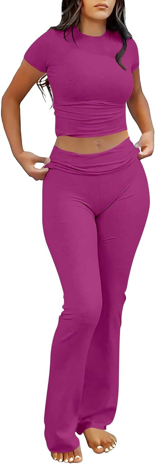 ANRABESS Lounge Sets for Women 2 piece Foldover Yoga Flare Leggings Pants Crop Tops Casual Y2K Outfits Matching Tracksuit Set - zenfulharmony.com