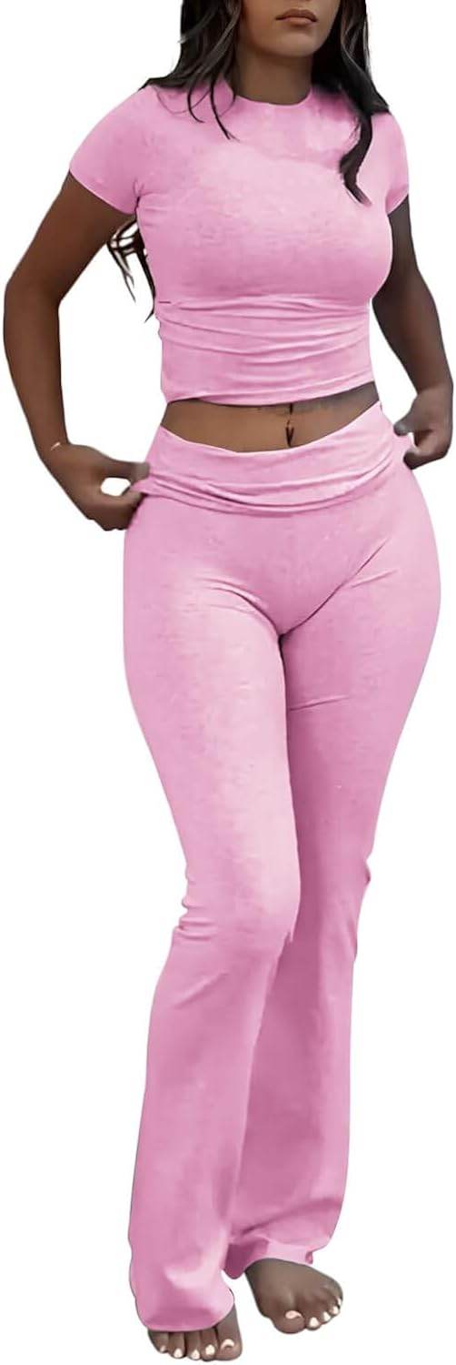 ZFLM Casual Workout Two Piece Outfits for Women Short Sleeve Crop High Waist Foldover Flare Pants Tracksuit Sets Streetwear - zenfulharmony.com