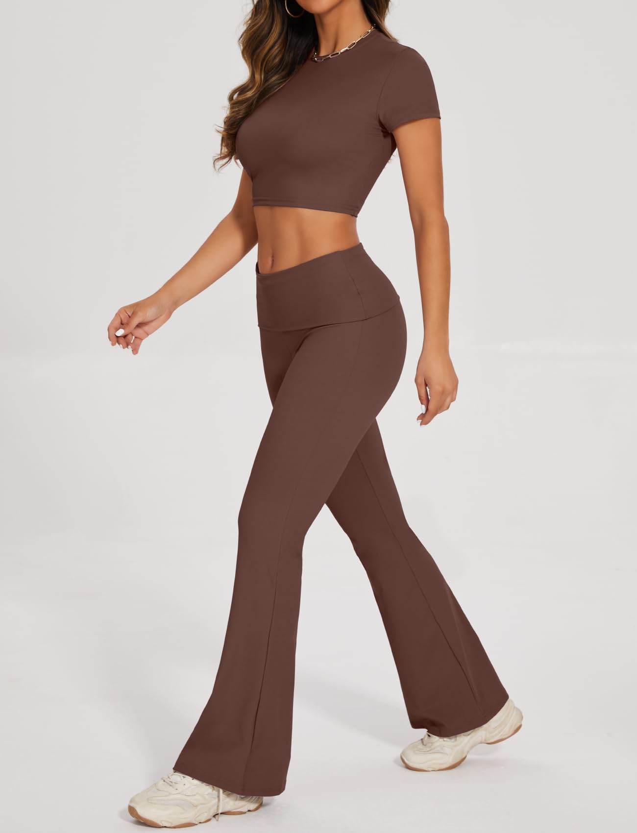 SEASUM Women 2 Piece Y2K Casual Workout Outfits Short Sleeve Crop Tops Fold over Yoga Pants Tracksuit Streetwear Lounge Sets Coconut Brown XS - zenfulharmony.com