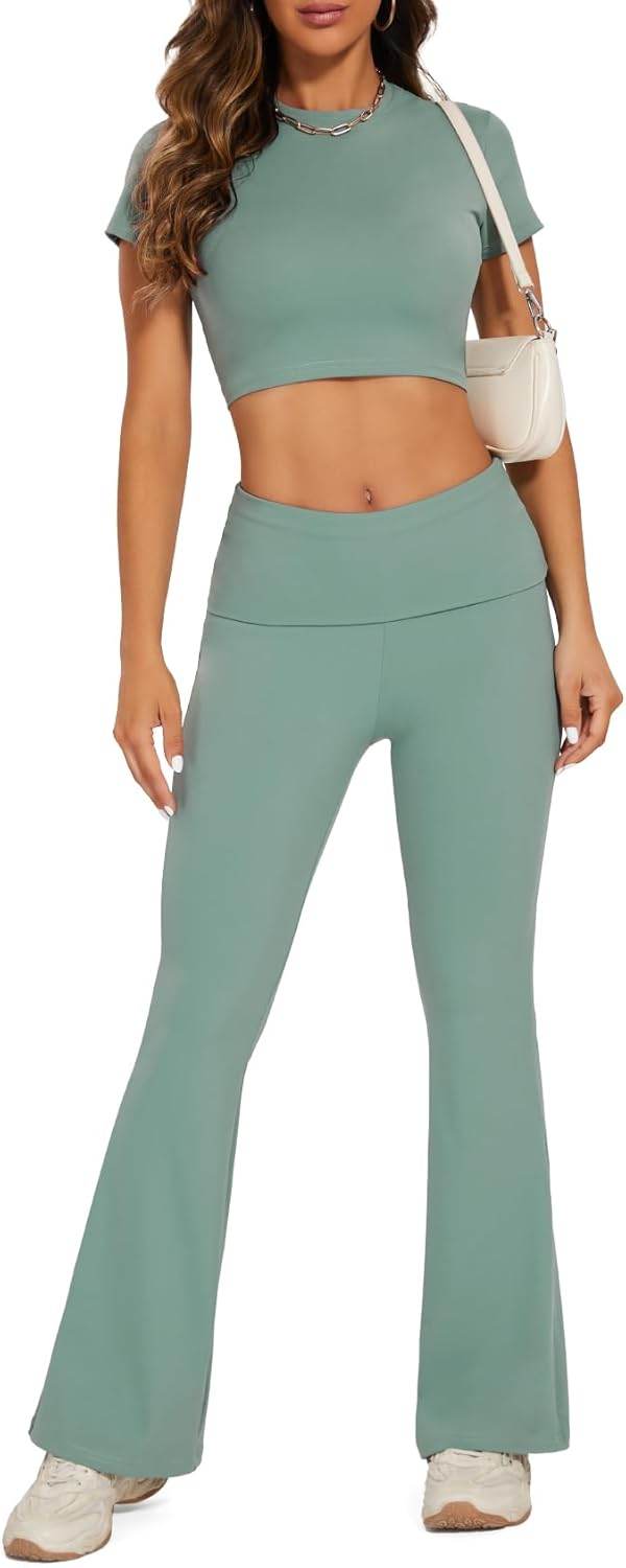 Lounge Sets For Women 2 Piece Casual Y2K Outfits Short Sleeve Cropped Tops Fold Over Flare Leggings Yoga Pants Tracksuits - zenfulharmony.com