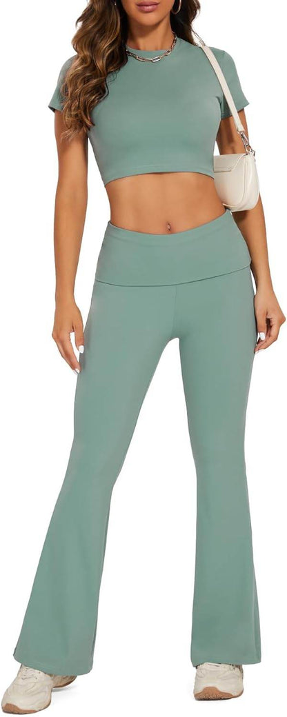 Lounge Sets For Women 2 Piece Casual Y2K Outfits Short Sleeve Cropped Tops Fold Over Flare Leggings Yoga Pants Tracksuits - zenfulharmony.com