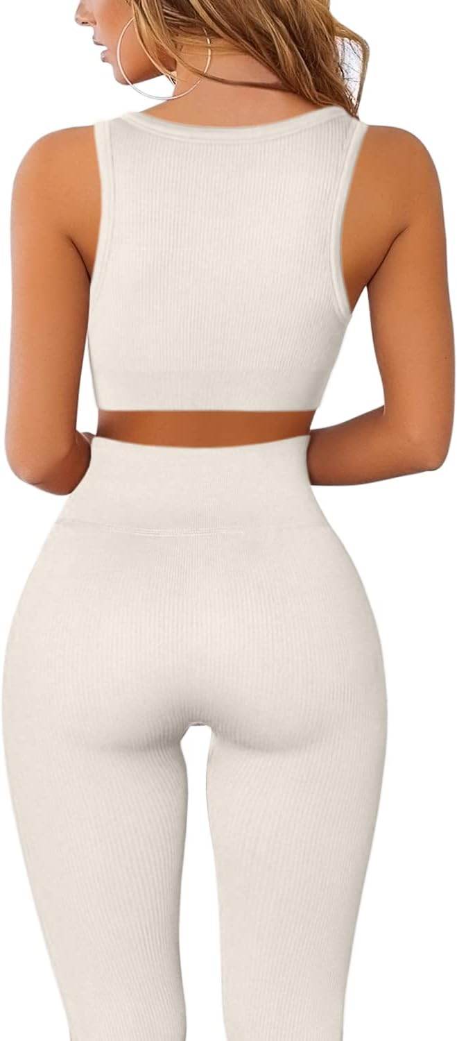 QINSEN Workout Outfits for Women 2 Piece Ribbed Seamless Crop Tank High Waist Yoga Leggings Sets - zenfulharmony.com