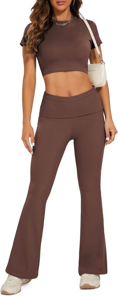 Lounge Sets For Women 2 Piece Casual Y2K Outfits Short Sleeve Cropped Tops Fold Over Flare Leggings Yoga Pants Tracksuits - zenfulharmony.com